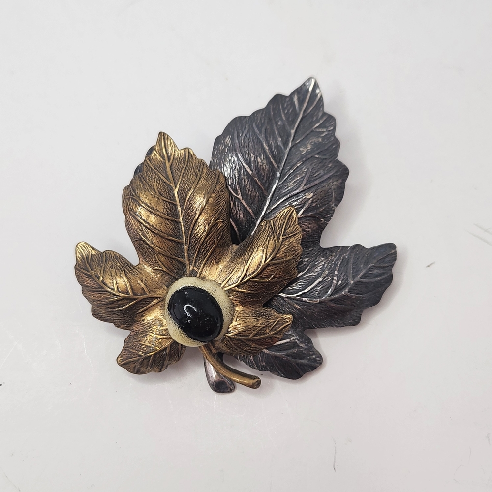 Vintage Leaf Brooch Black Cabochon Two Tone Gold Silver Tone Pin